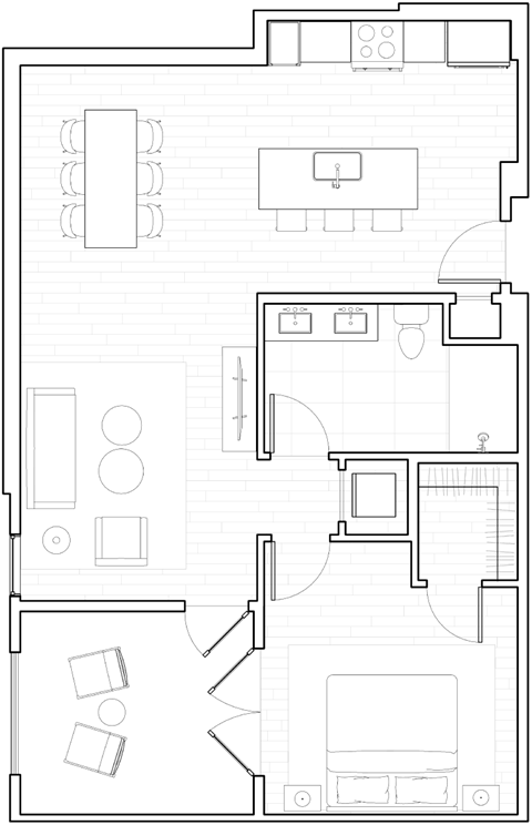 Floor plan for 1 bed, 1 bath, 845 sqft